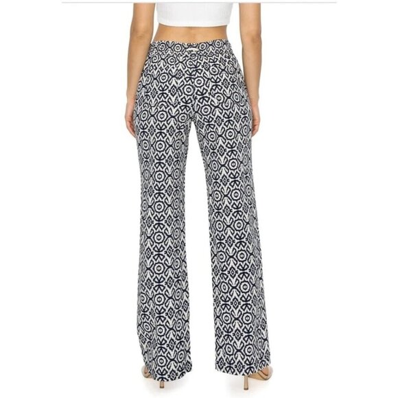 Cali1850 Navy White Smocked Drawstring Waist Wide Leg Pants Linen Blend Women S - Picture 3 of 16